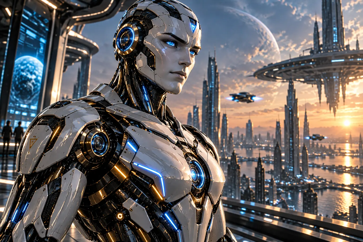 Futuristic robot in a cinematic city
