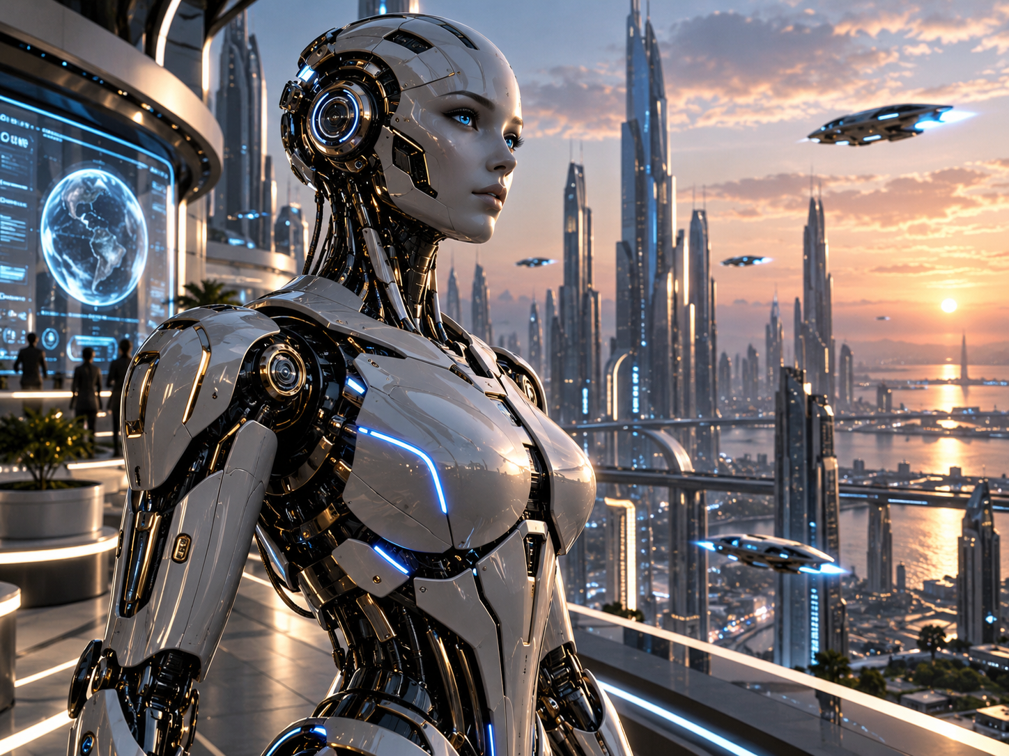 Futuristic robot in a cinematic city